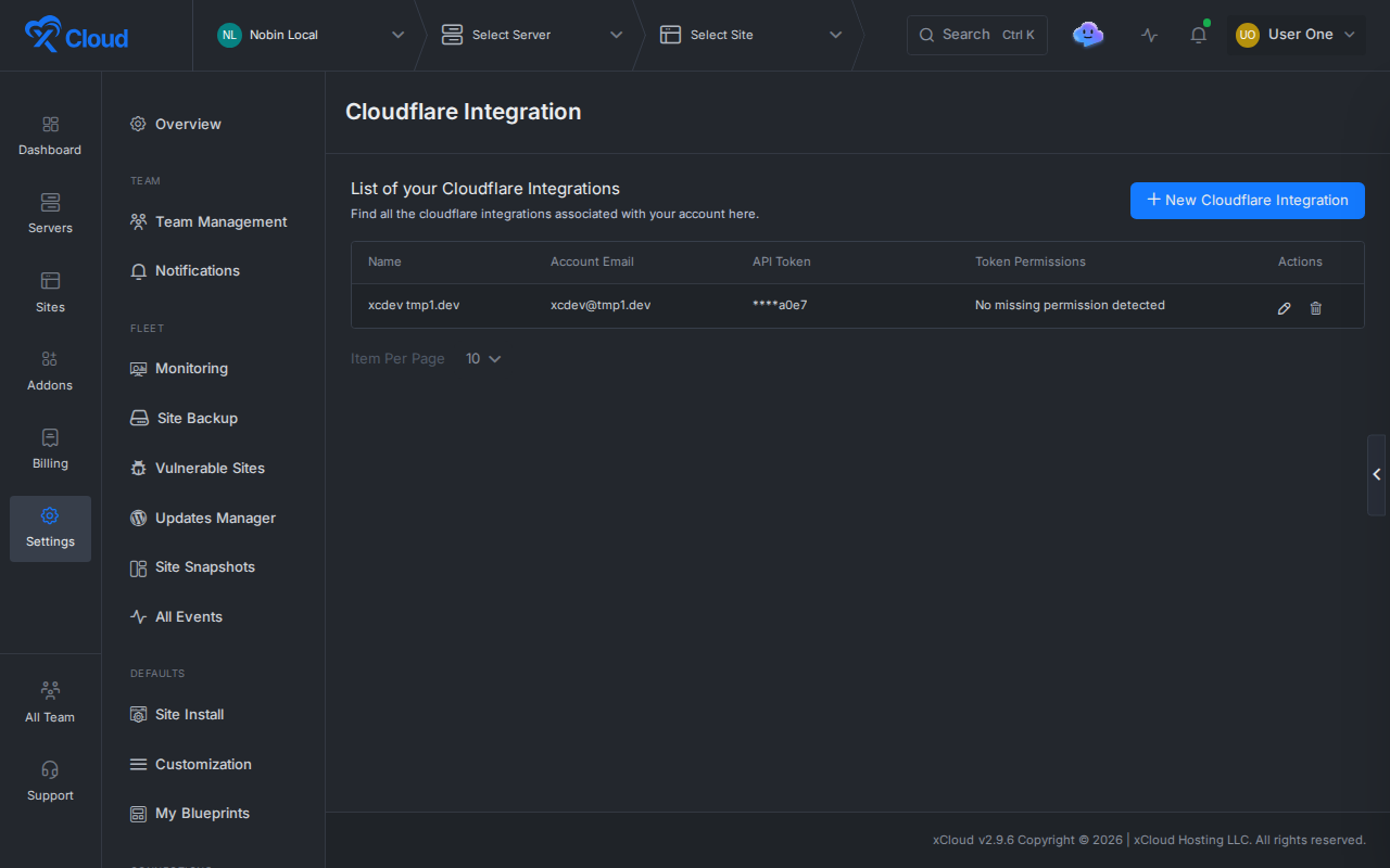 The Cloudflare Integration list with the masked API Token and the Token Permissions column