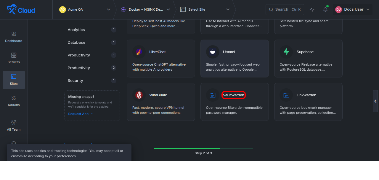 Vaultwarden Docker hosting one-click app selected in the xCloud One Click Apps catalog
