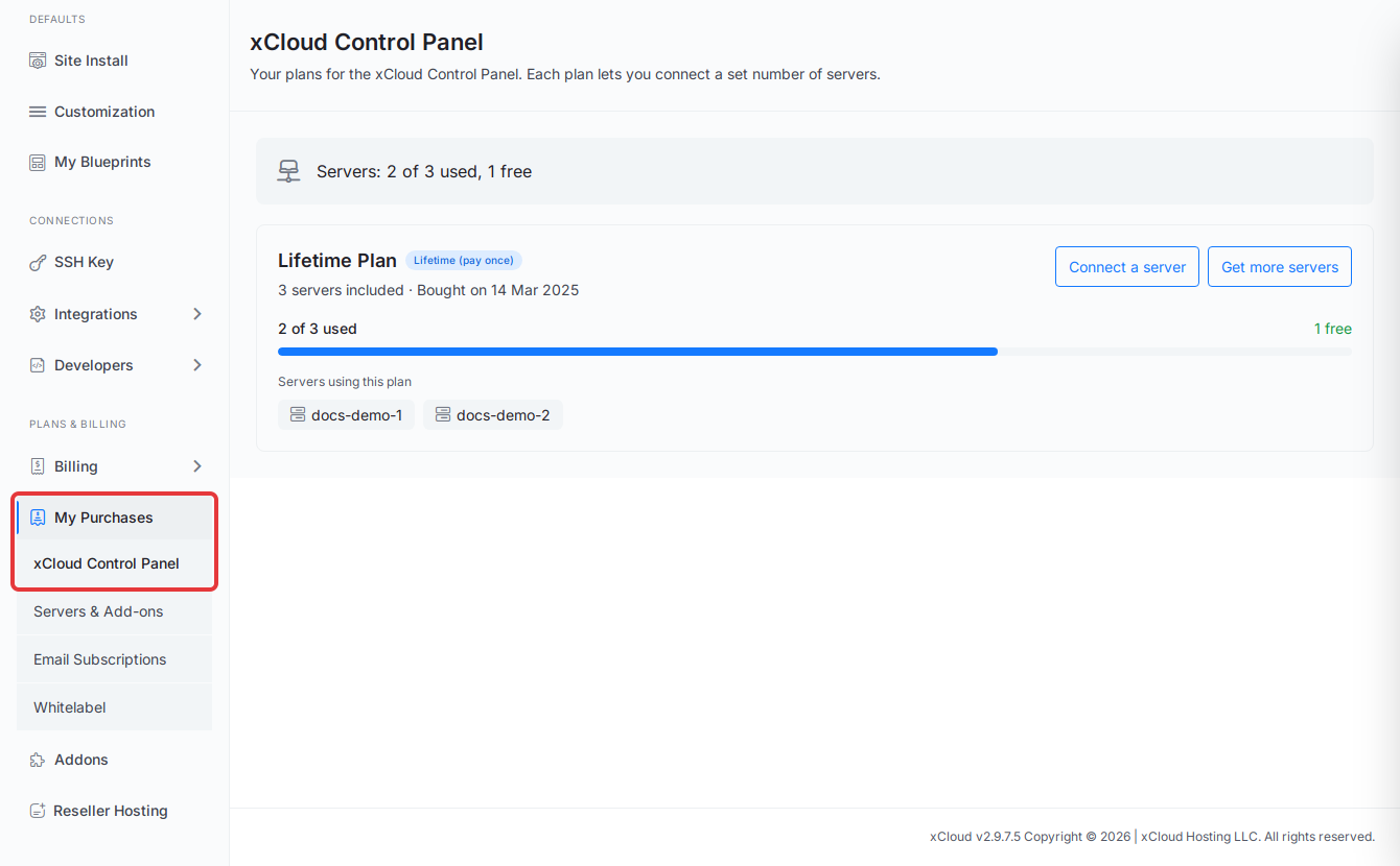 Click ‘My Purchases’ then ‘xCloud Control Panel’ in the Settings menu