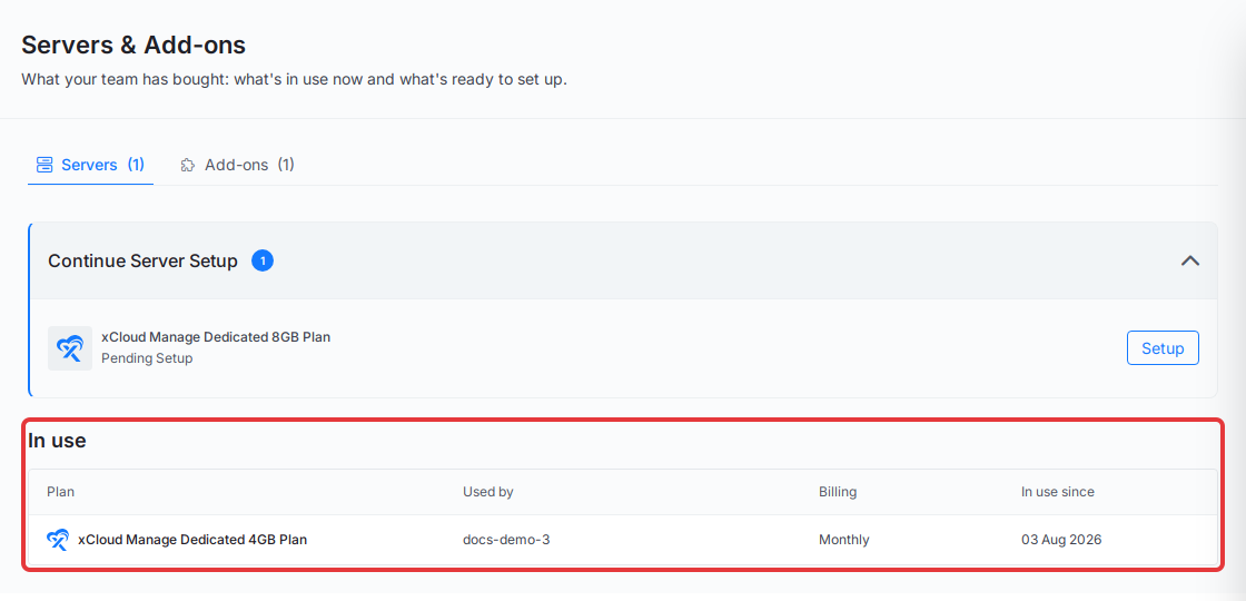 The ‘In use’ table on the Servers tab of Servers & Add-ons
