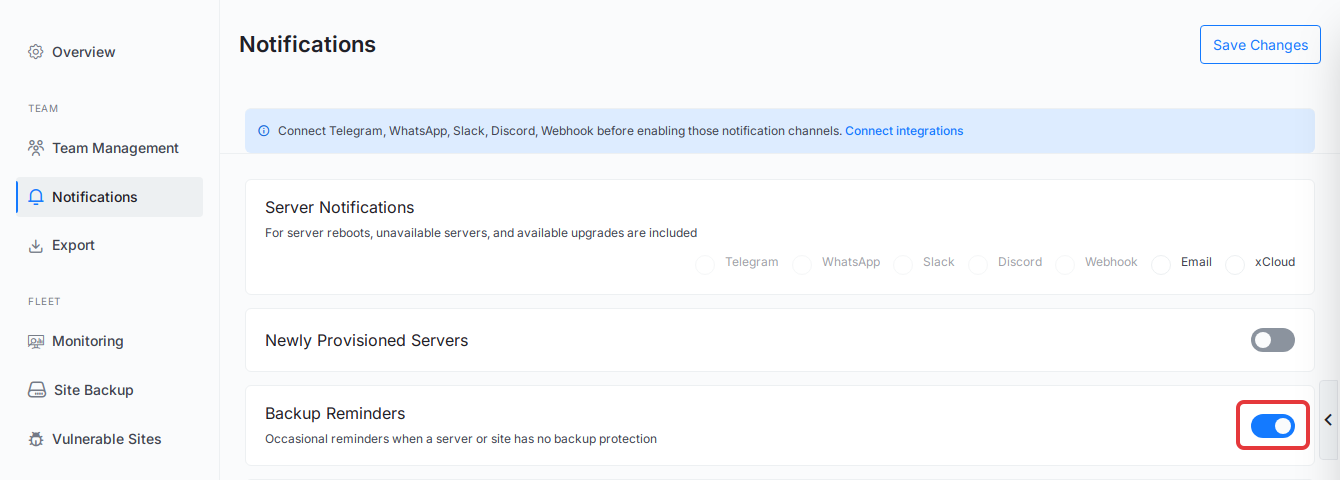 The Notifications page in Settings with the Backup Reminders switch highlighted