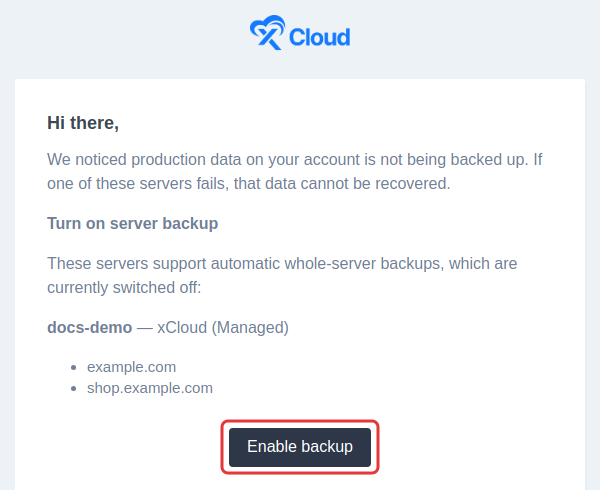 The Turn on server backup part of the email, with the Enable backup button highlighted
