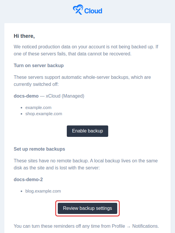 The Set up remote backups part of the email, with the Review backup settings button highlighted