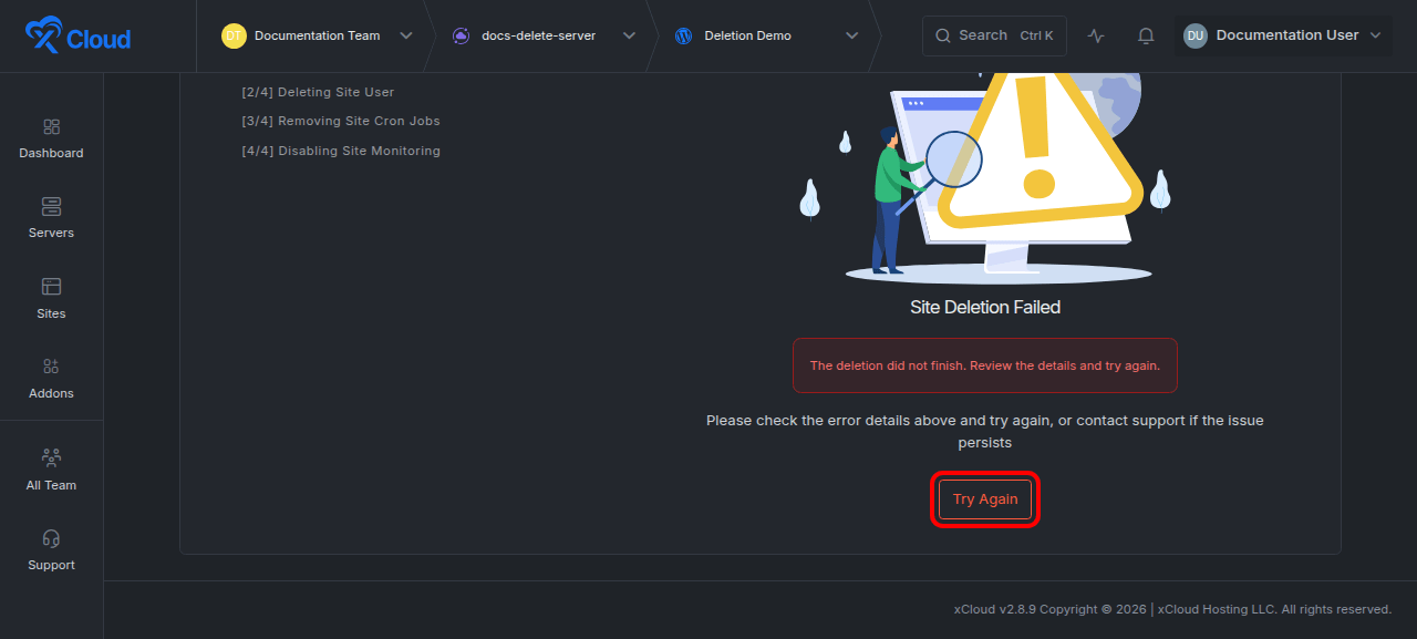 The Site Deletion Failed state.