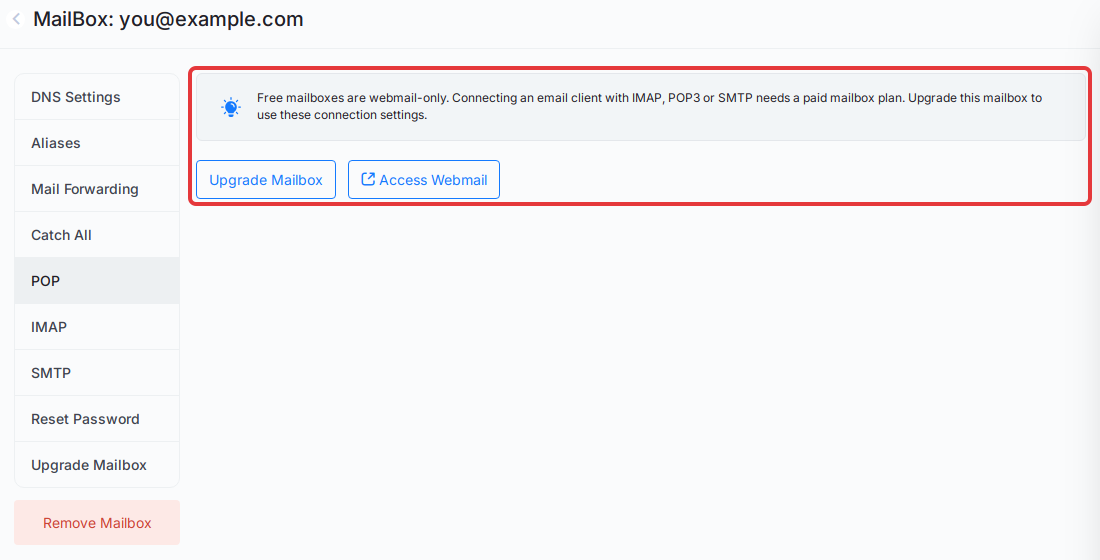A free mailbox’s POP tab showing the webmail-only message with the Upgrade Mailbox and Access Webmail buttons