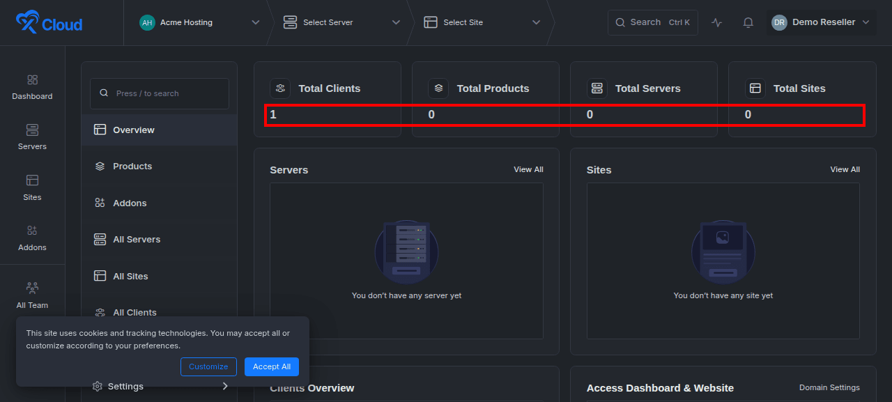 The reseller overview with inventory totals.