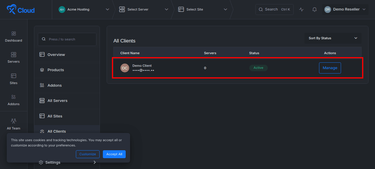 The reseller client-management list.