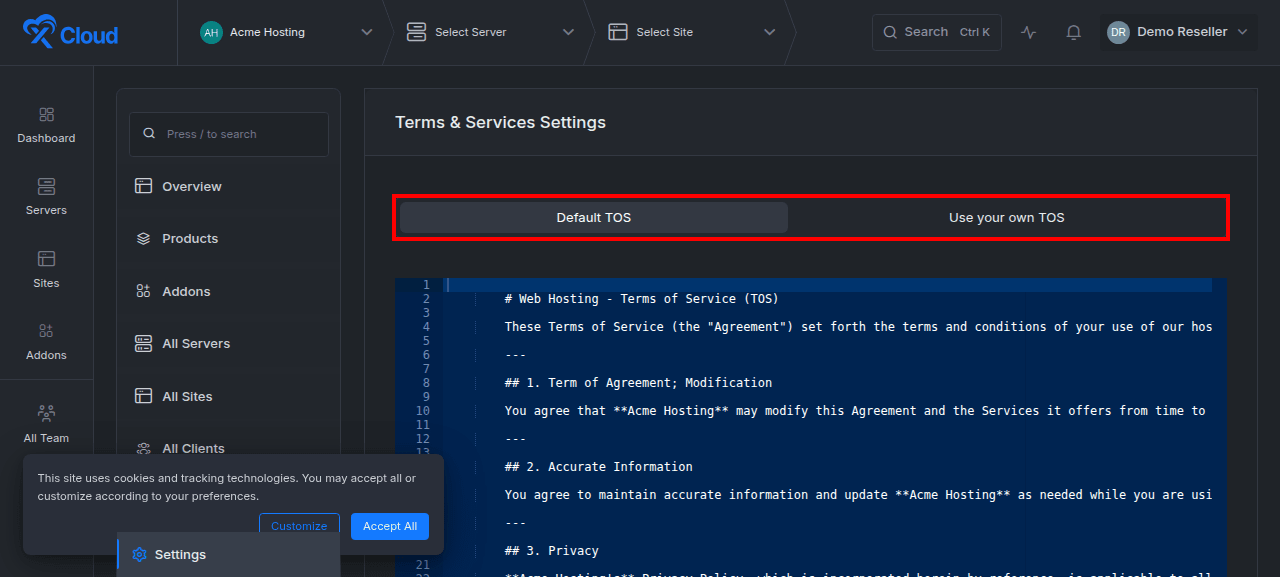 Setting the reseller Terms of Service.