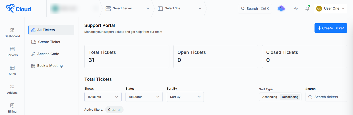 Support Portal with All Tickets, Create Ticket, Access Code and Book a Meeting