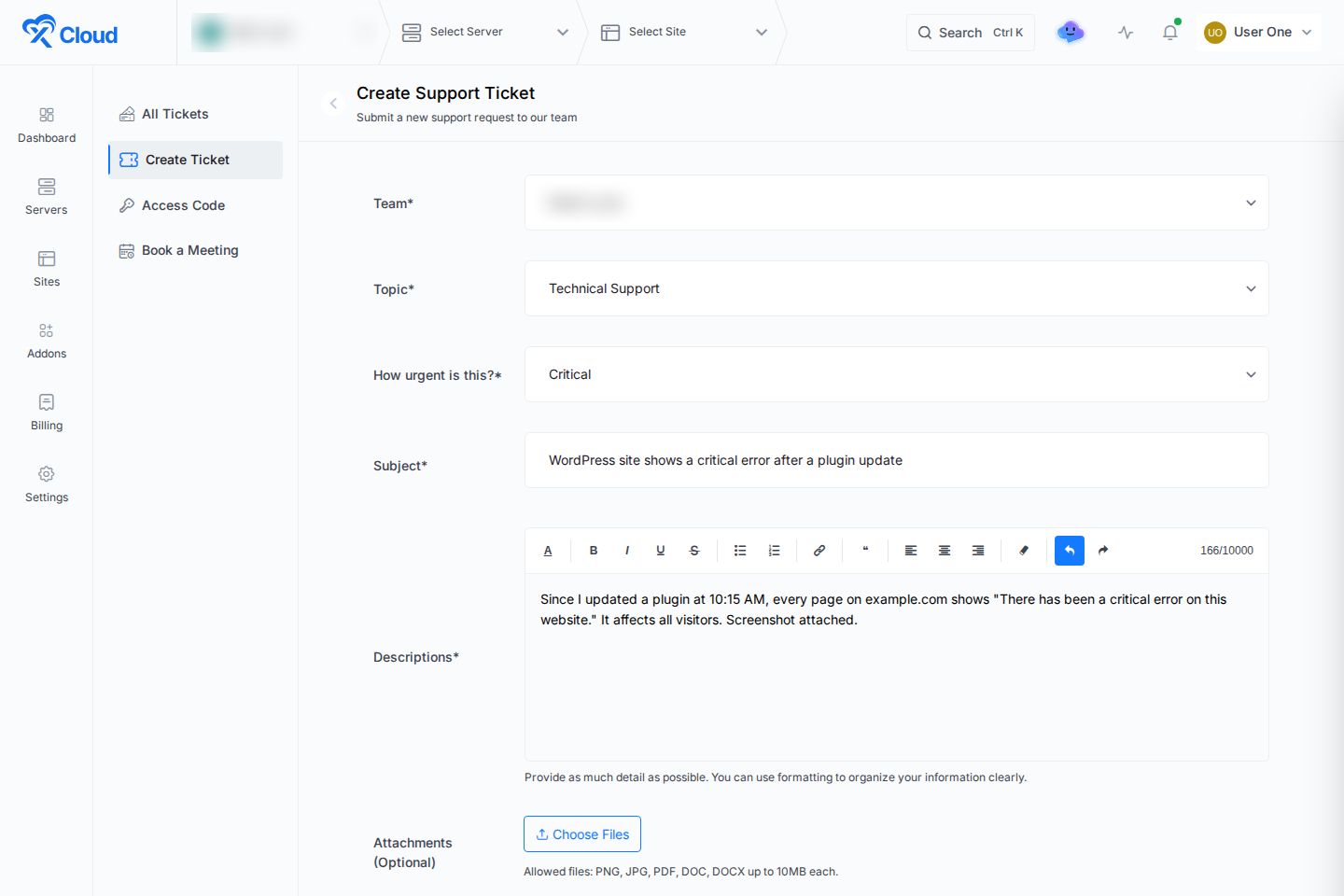Create Support Ticket form with topic, urgency, subject and description filled in