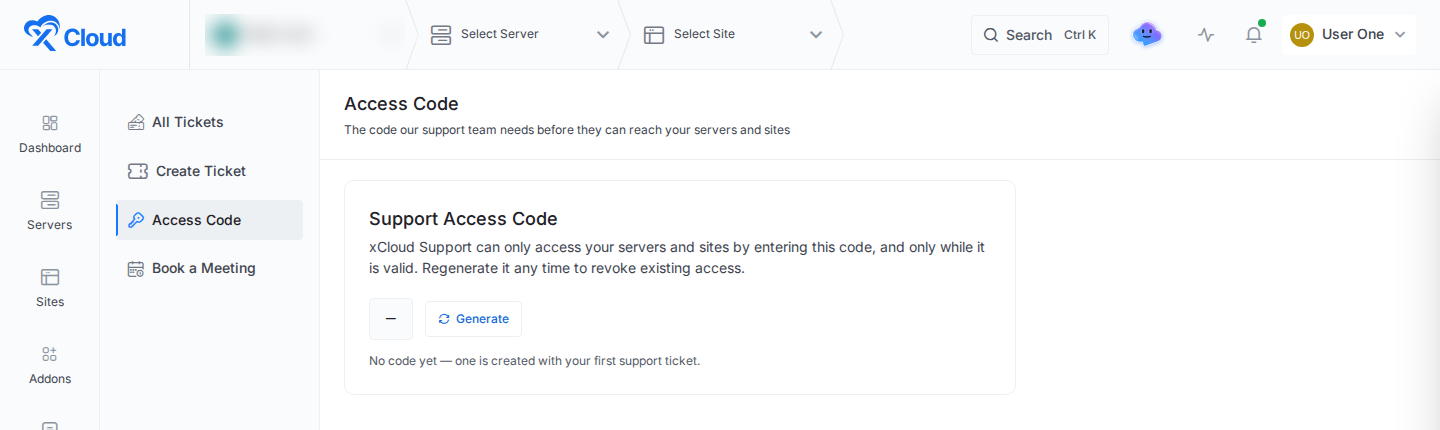 Support Access Code page in xCloud