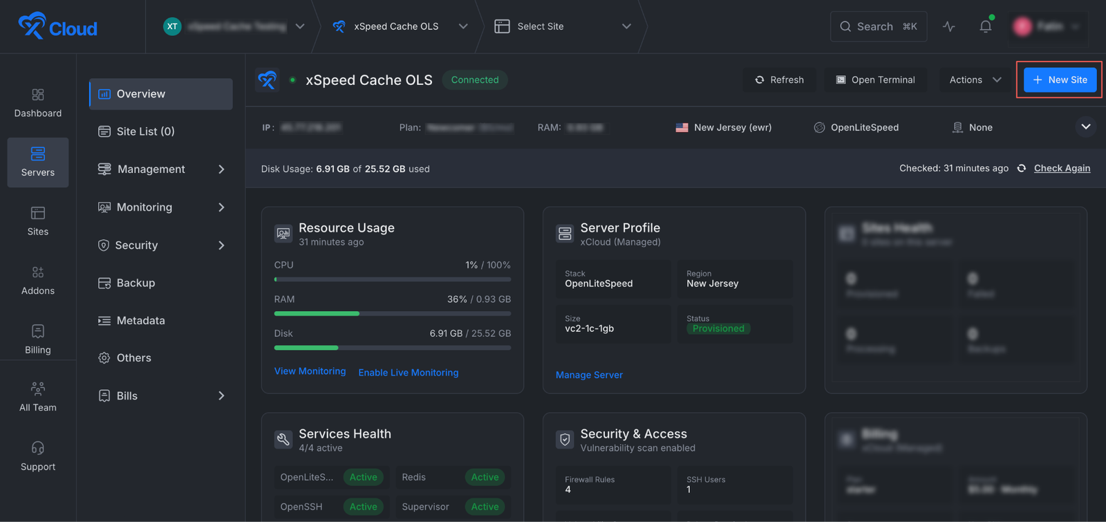 The server Overview page in xCloud, with the New Site button in the top-right corner.