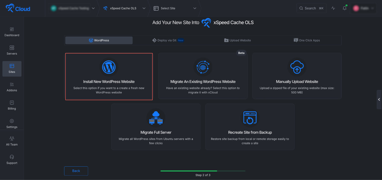 Choosing “Install New WordPress Website” from the site creation options.