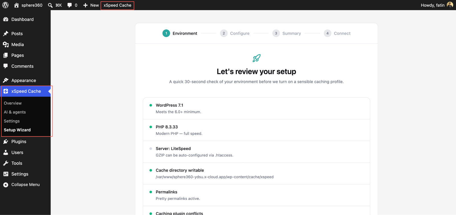 The xSpeed Cache plugin menu inside WordPress admin, with the Setup Wizard’s environment review screen open.