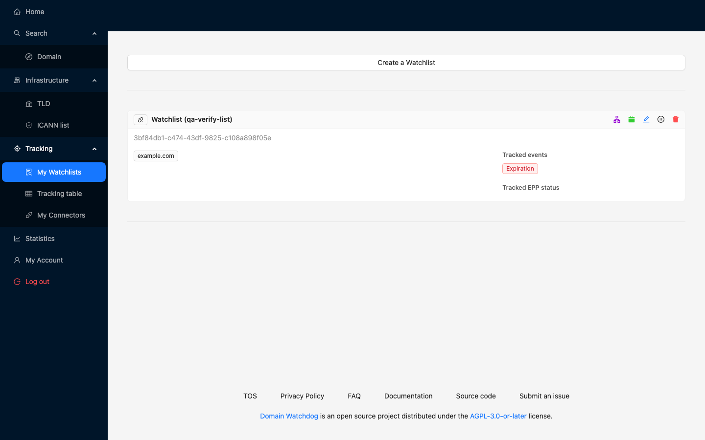 Domain Watchdog watchlist page after signing in