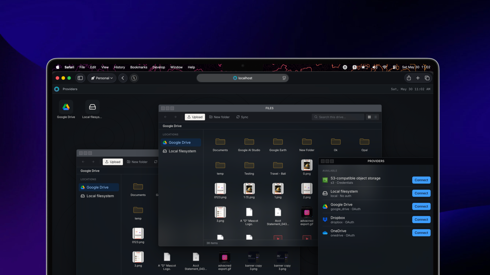 The Drivebase desktop-style interface showing its file manager windows