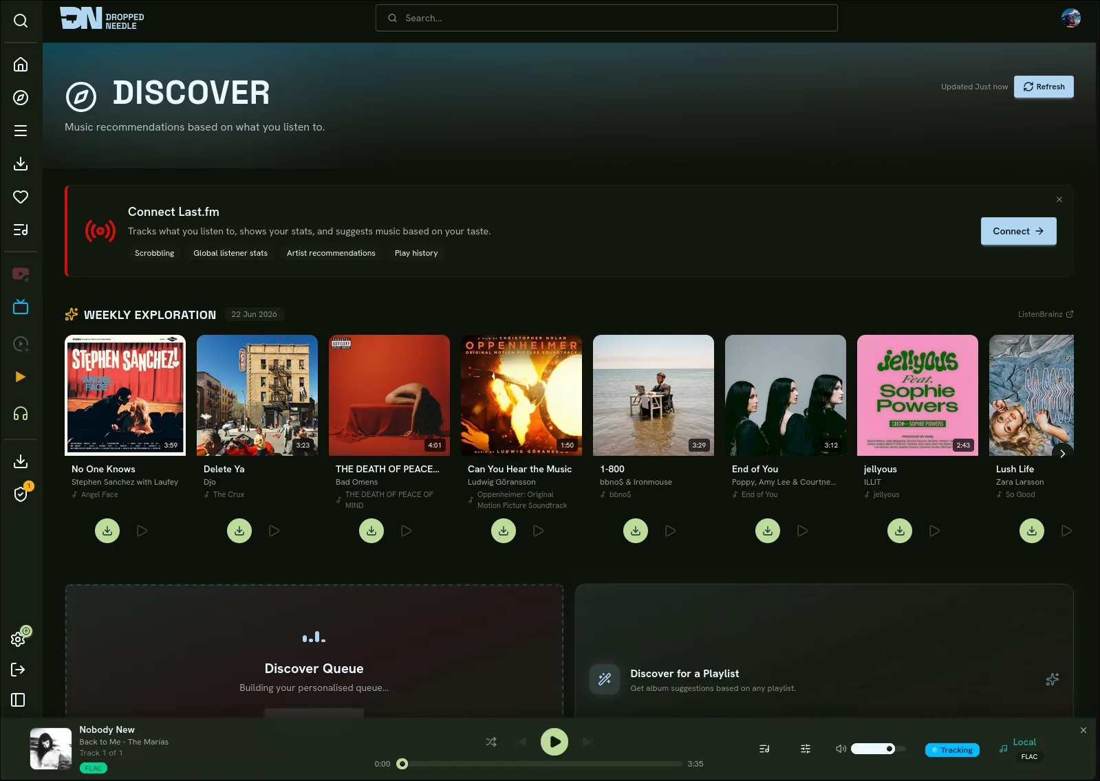 DroppedNeedle discover page with personalized album recommendations