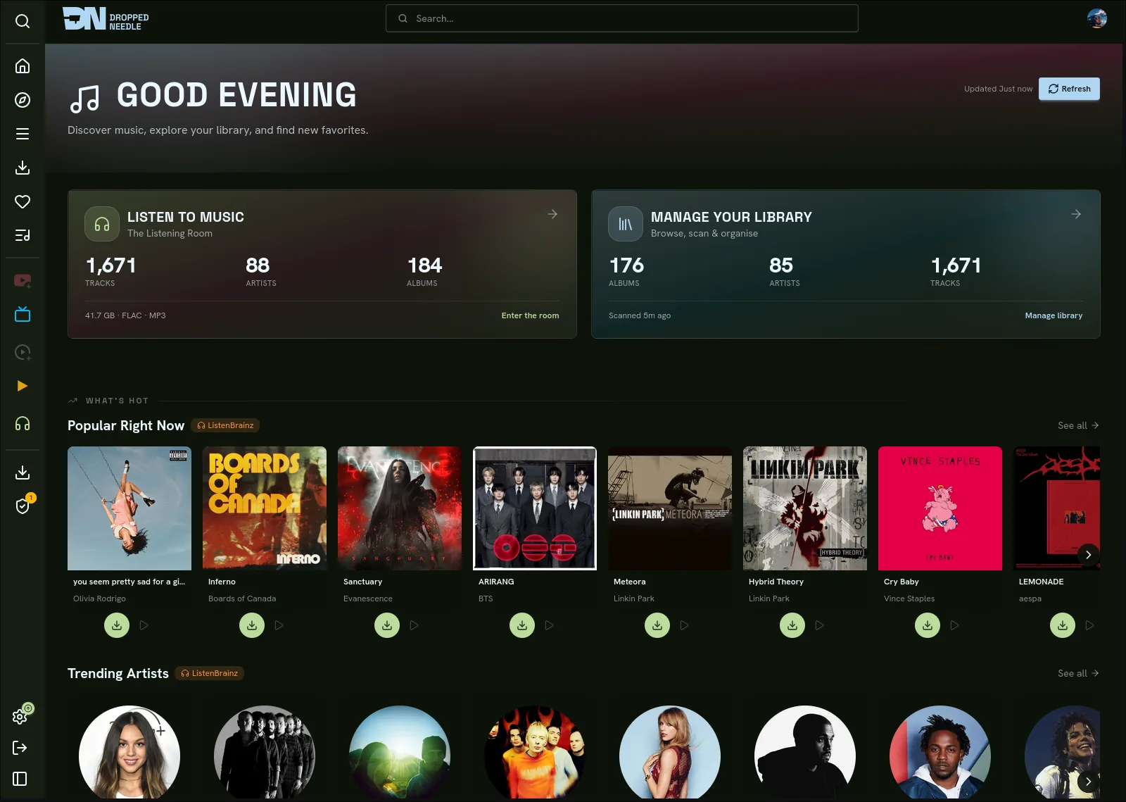 DroppedNeedle home page with trending artists, popular albums and personalized recommendations