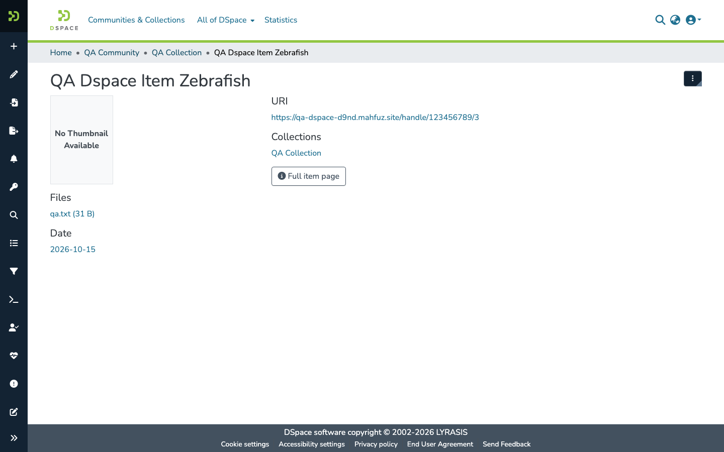 A DSpace item page with its metadata and downloadable file