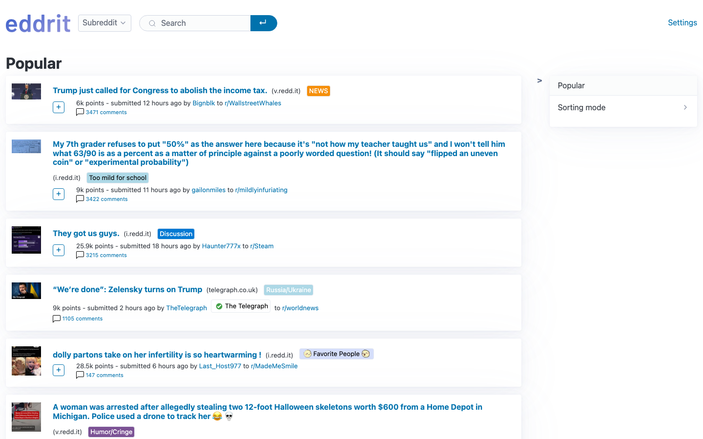 The eddrit front page, listing posts from Reddit