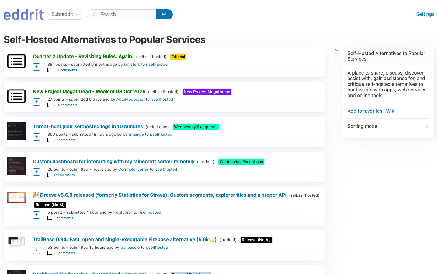 A subreddit page in eddrit with a list of posts