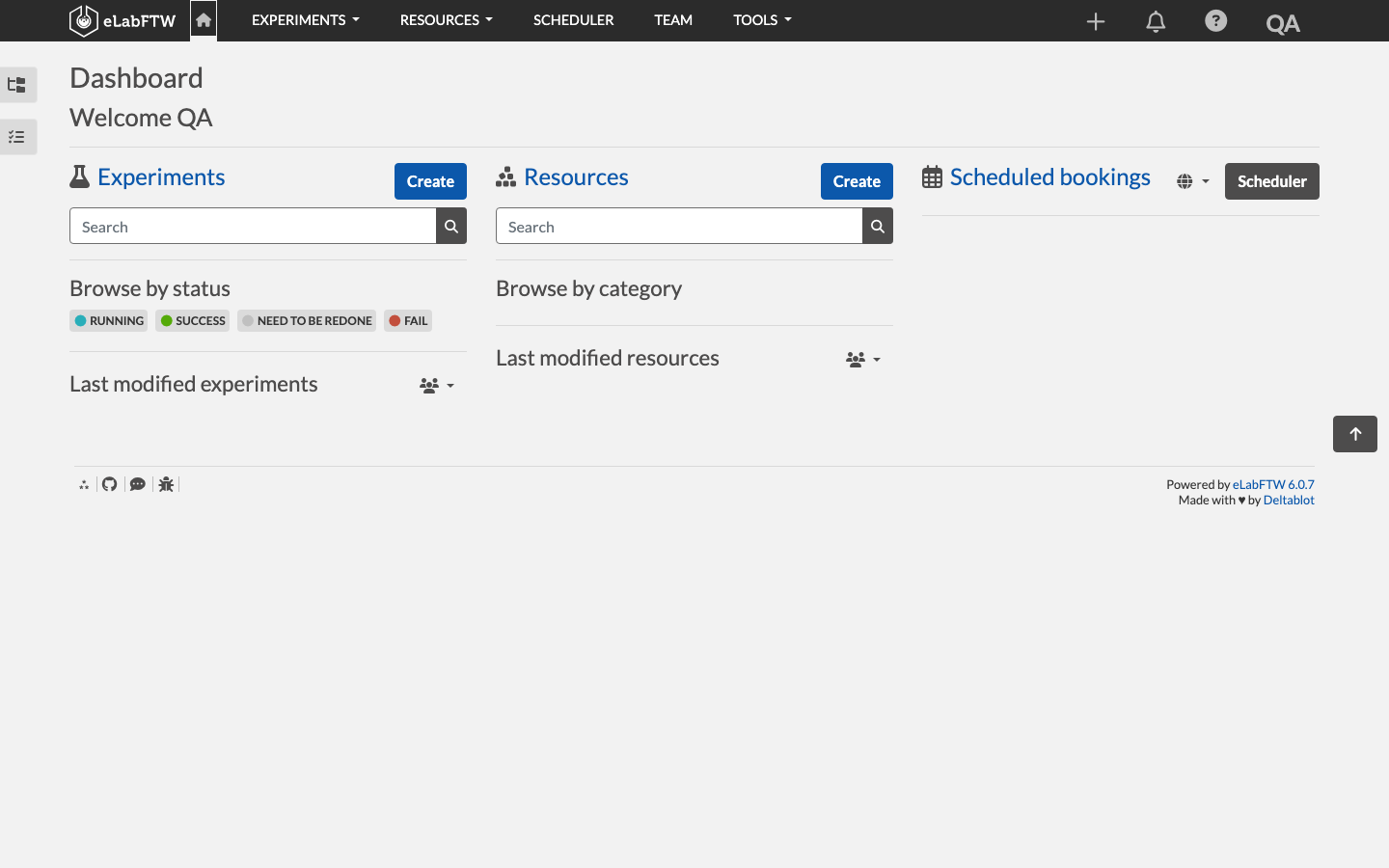 eLabFTW dashboard after the first Sysadmin login