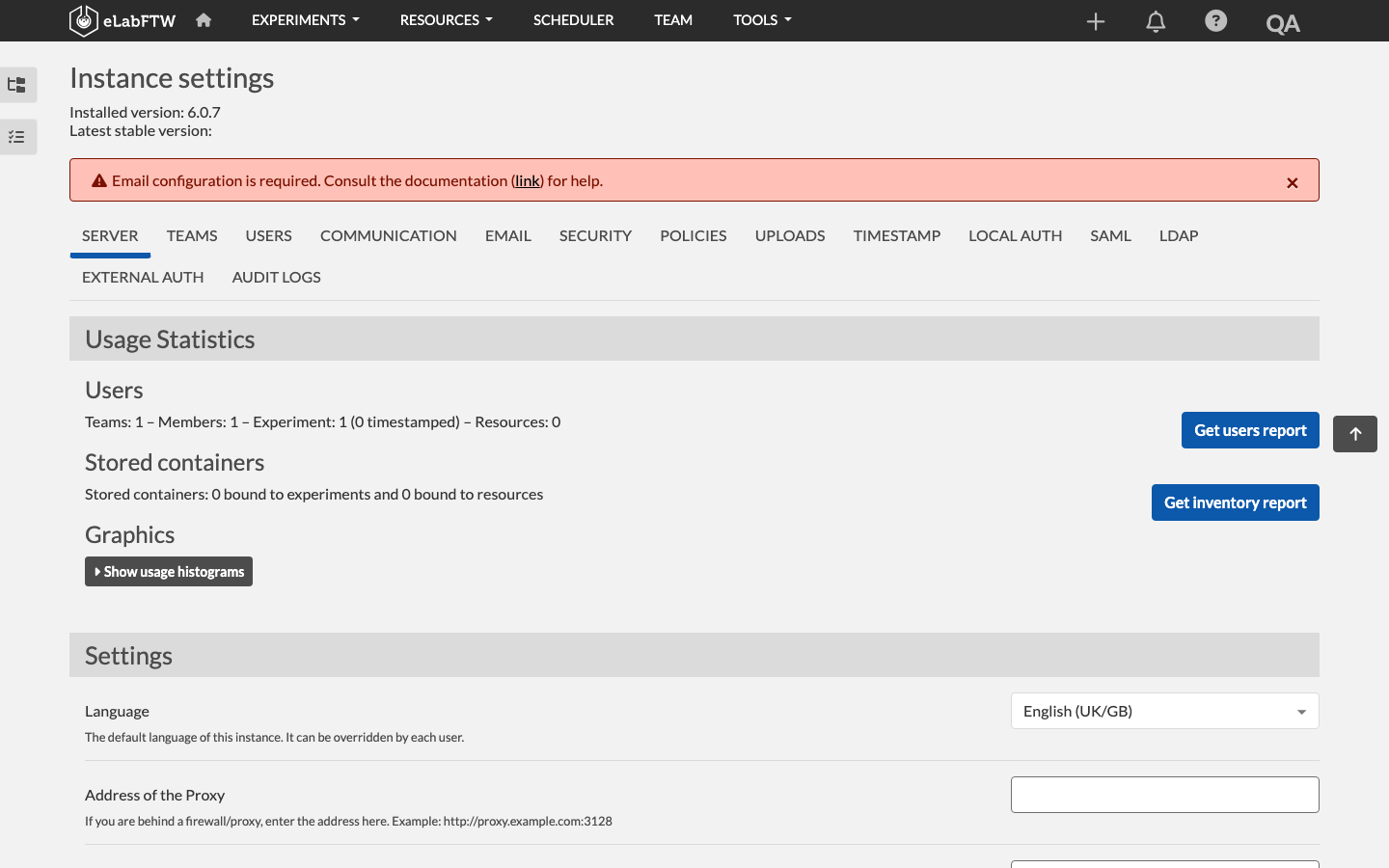 The eLabFTW instance settings page in the Sysadmin panel