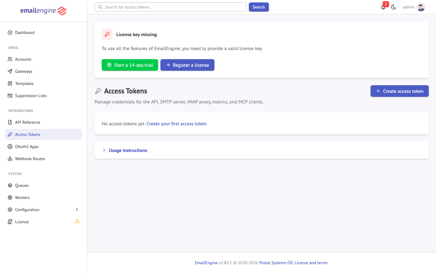 The EmailEngine admin dashboard after signing in as admin