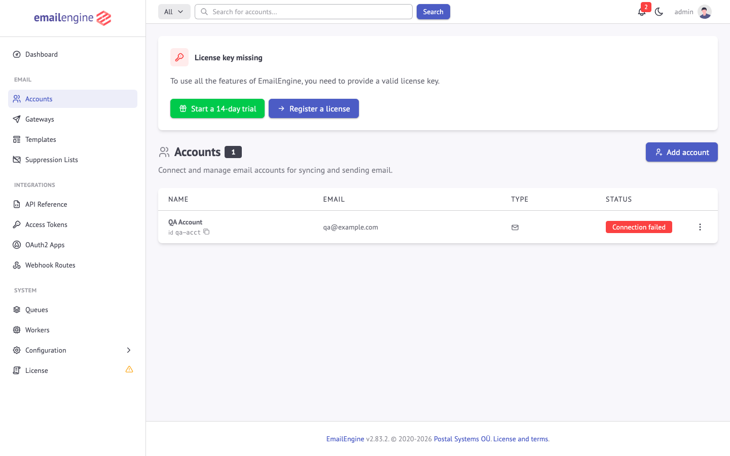 The EmailEngine Accounts list still listing the added account after a restart