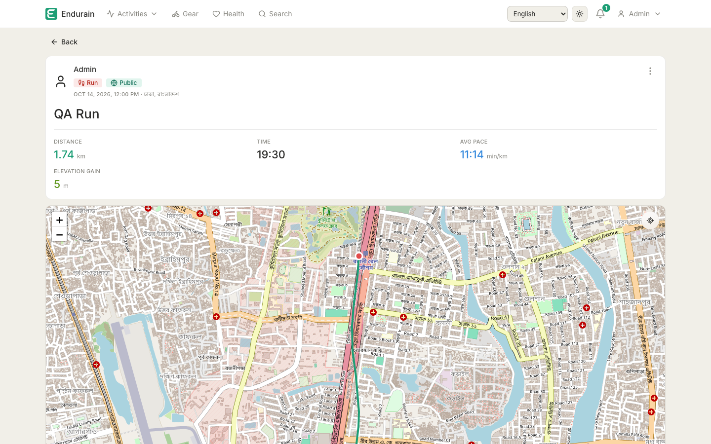An Endurain activity page showing the route map and activity stats