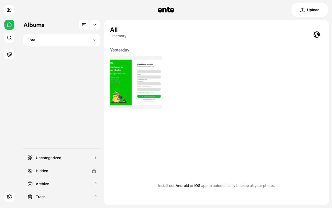 The Ente Photos library still showing the uploaded photo after an xCloud restart and a fresh sign-in