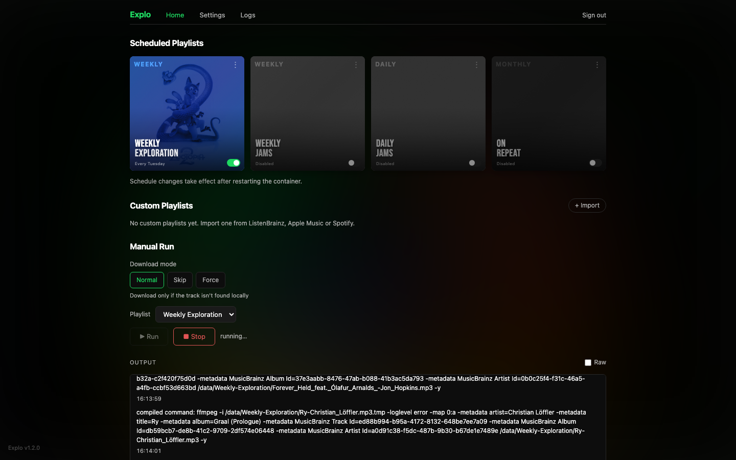The Explo web interface after sign-in