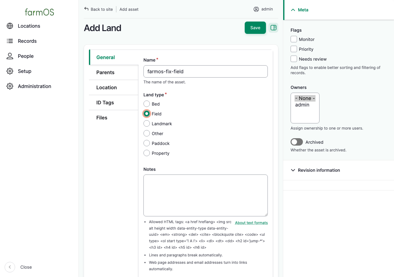 Creating a land asset in farmOS