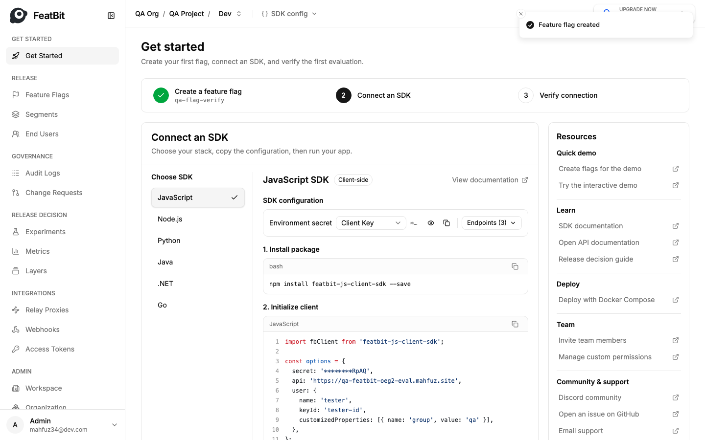 A feature flag created in the FeatBit dashboard