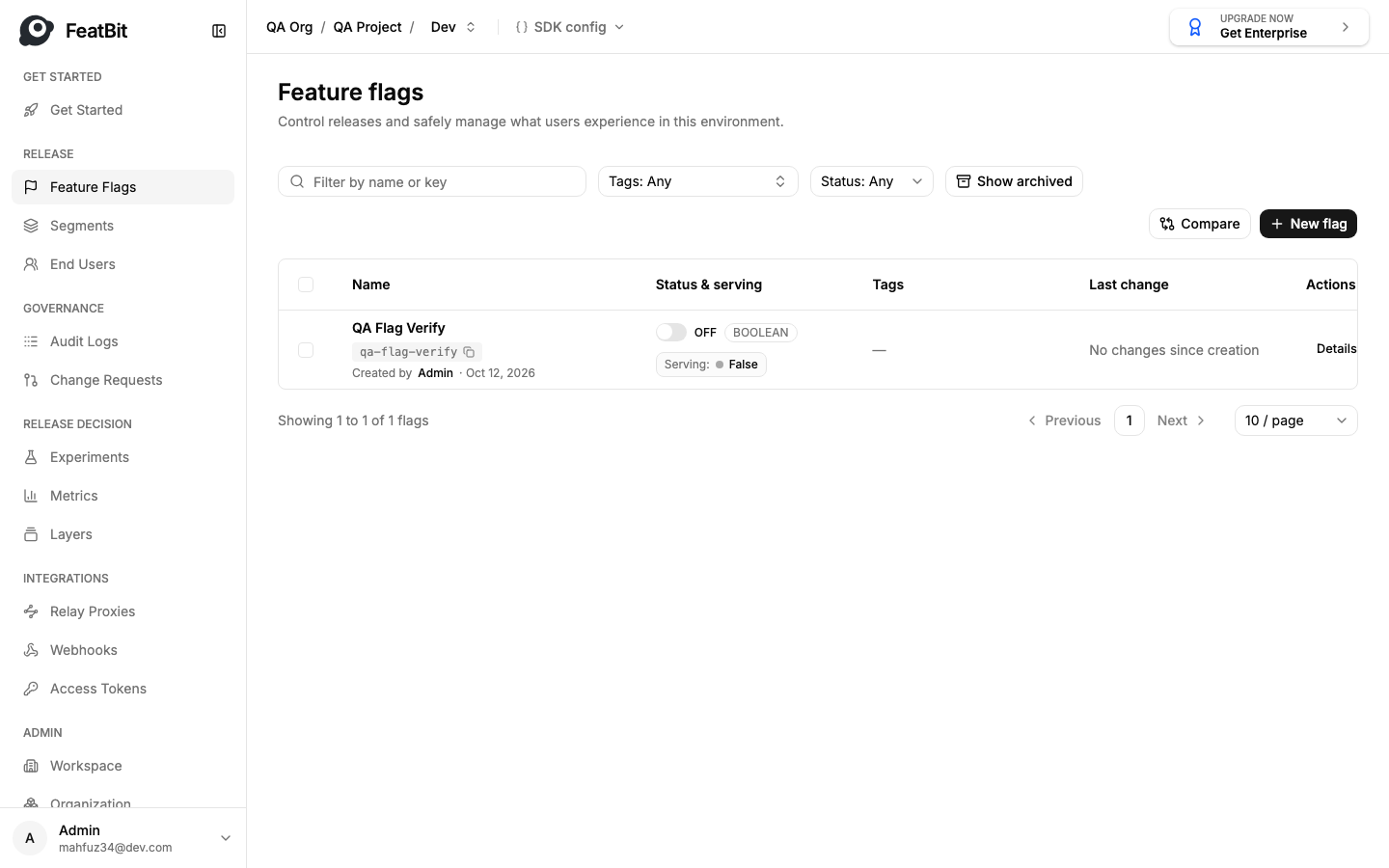 The feature flag list in FeatBit