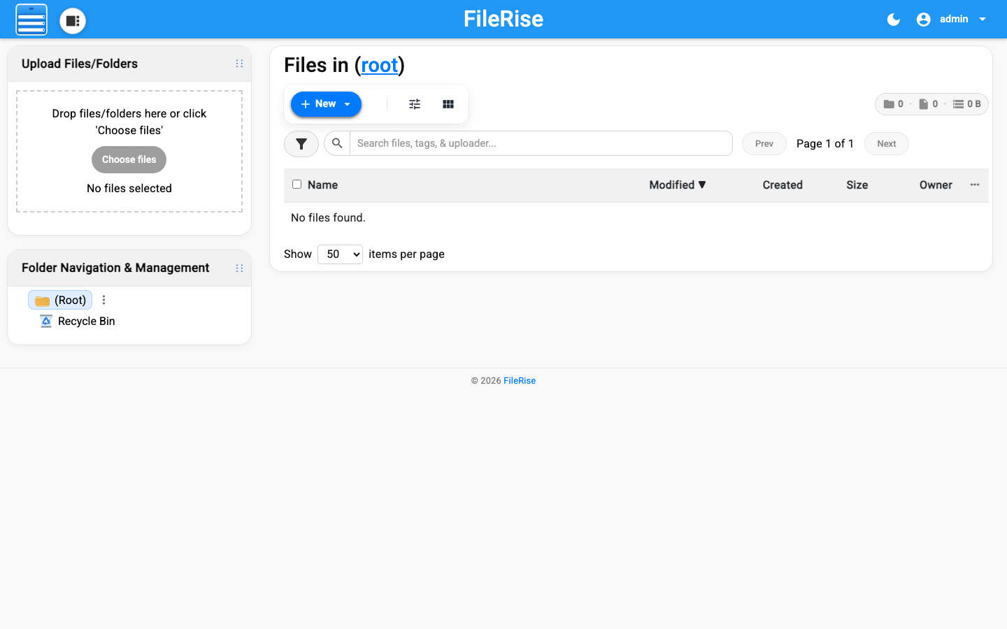 FileRise after signing in as admin