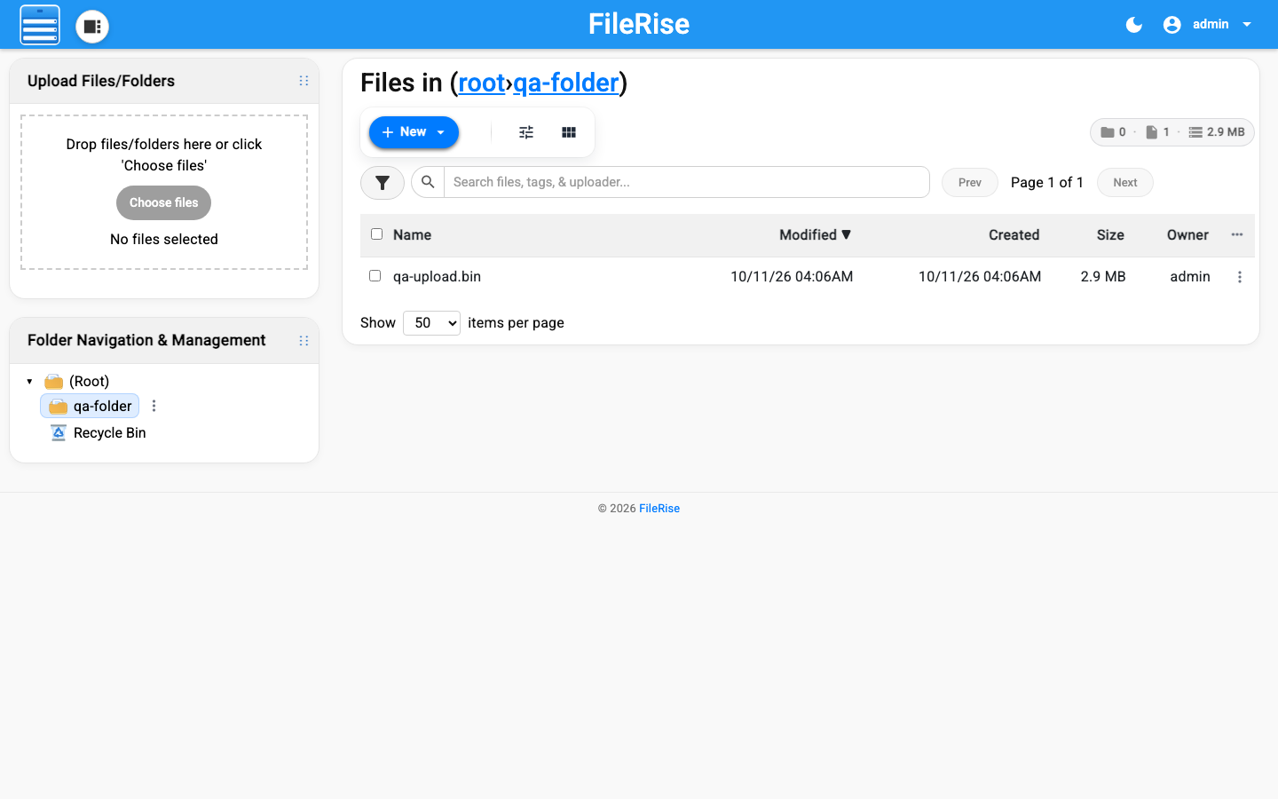 A FileRise folder containing an uploaded file