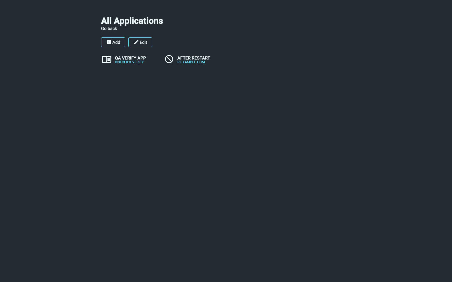 The Flame All Applications editor in the dark theme, listing two applications that were added