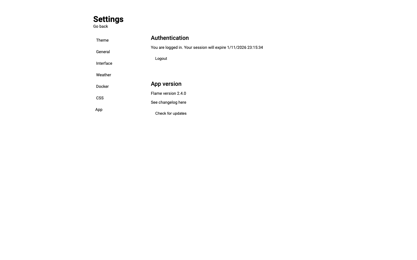 The Flame settings page after signing in with the editor password, showing the Authentication section and Flame version 2.4.0