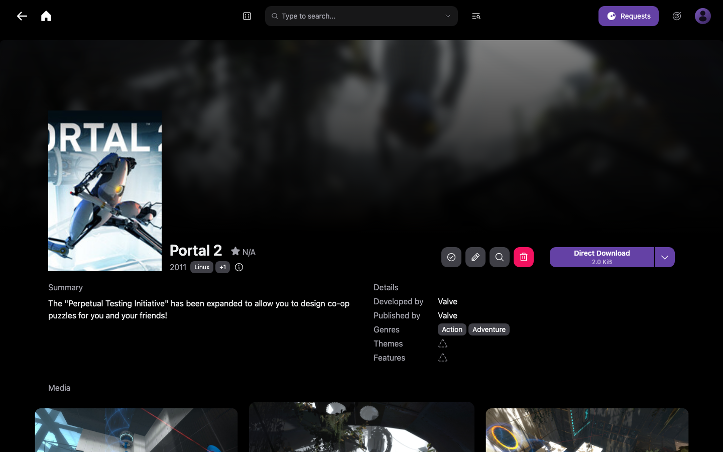 A Gameyfin game page with metadata still present after an xCloud Restart