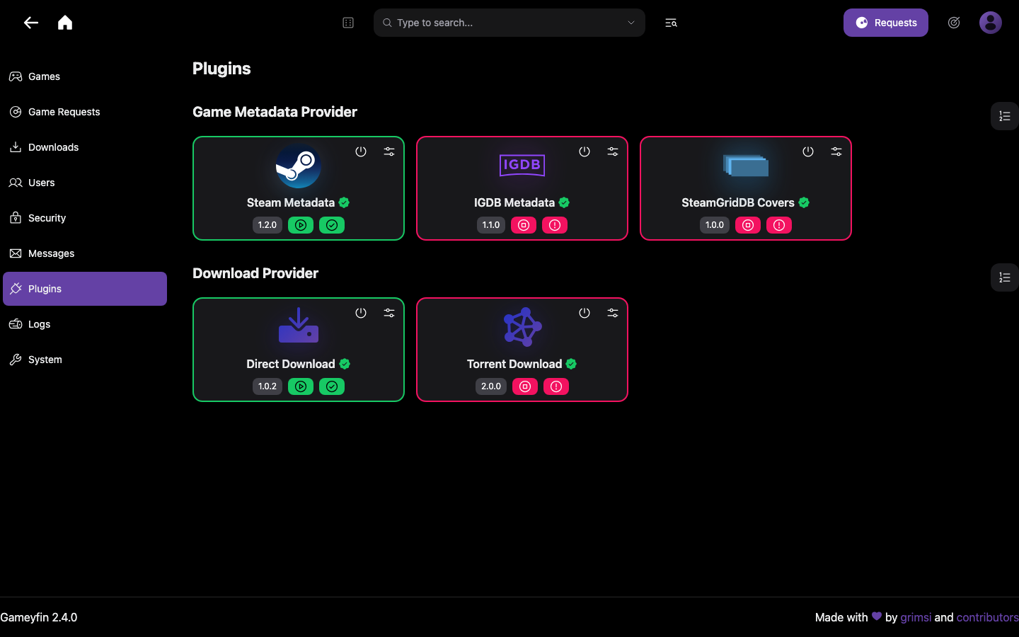 Gameyfin Administration plugins page showing the Steam metadata and Direct Download plugins running after the first boot