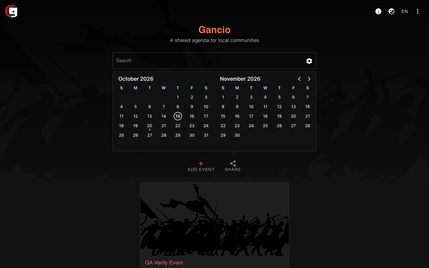 Gancio home page showing a community events agenda