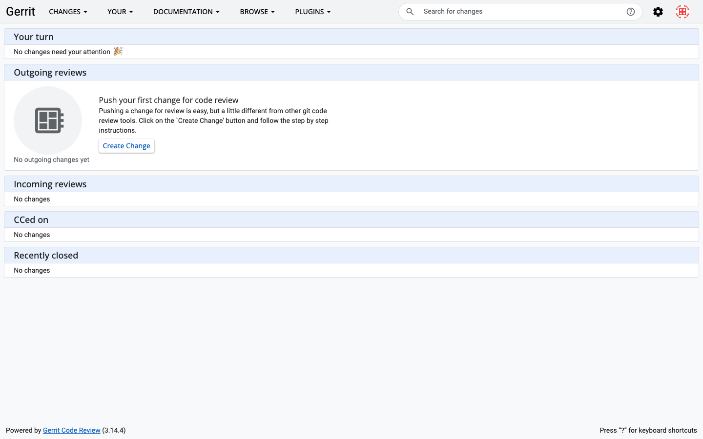 Gerrit 3.14.4 dashboard signed in as the administrator, with Your turn, Outgoing reviews and Incoming reviews sections and a Create Change button