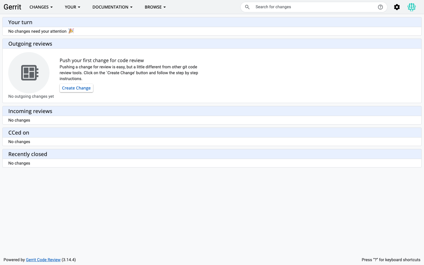 Gerrit 3.14.4 dashboard signed in as a second user from the bundled LLDAP directory