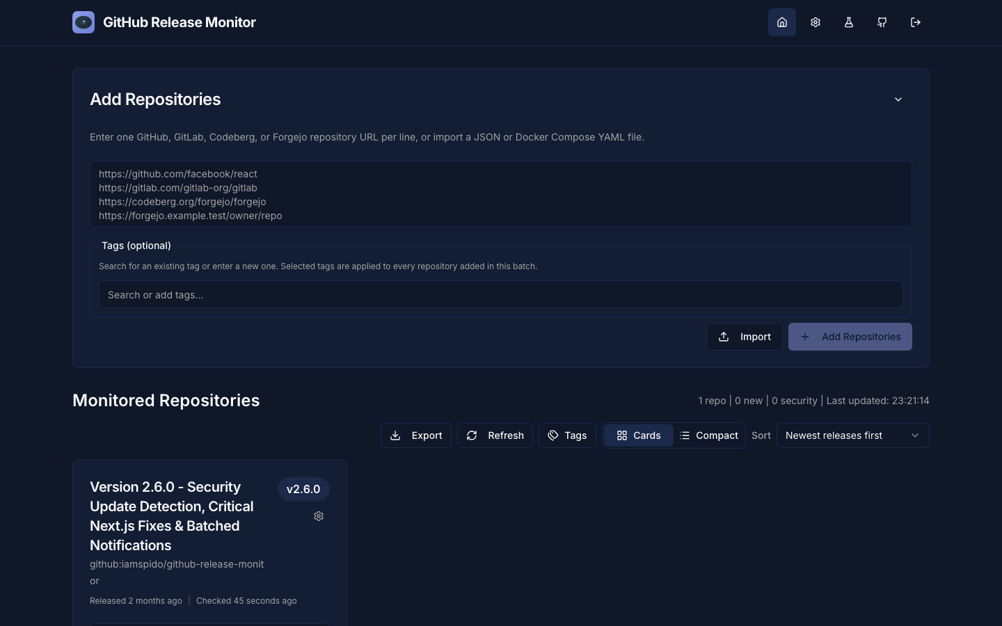 GitHub Release Monitor dashboard still showing the watched repository after an xCloud Restart
