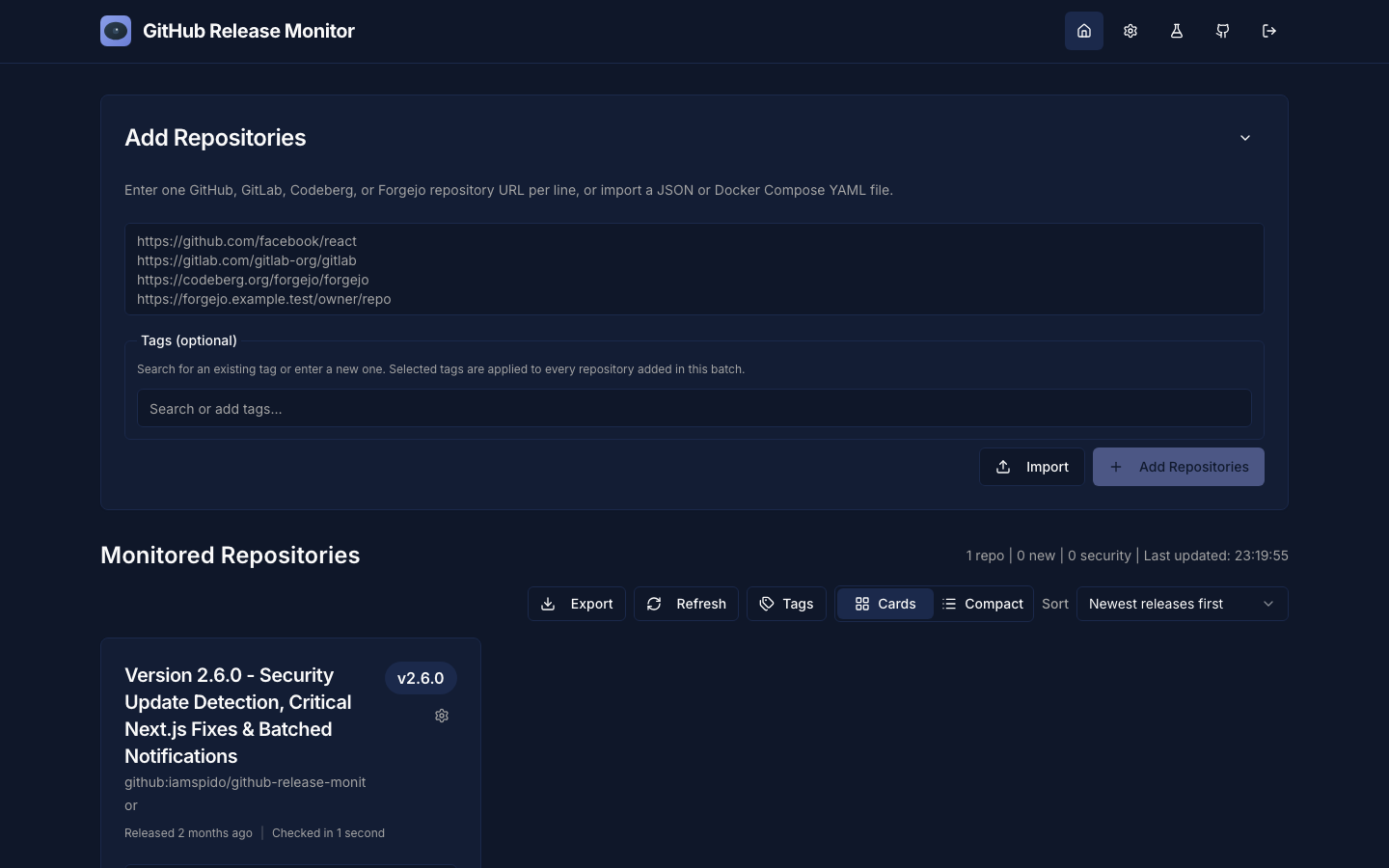 GitHub Release Monitor dashboard with a repository added to the watch list