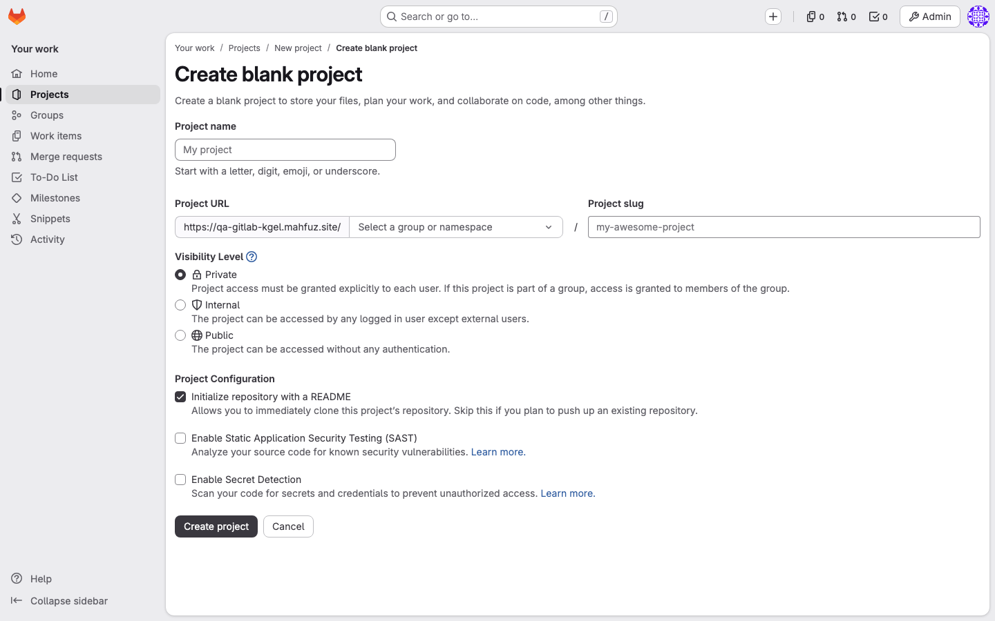 GitLab's new project page after signing in as the root administrator