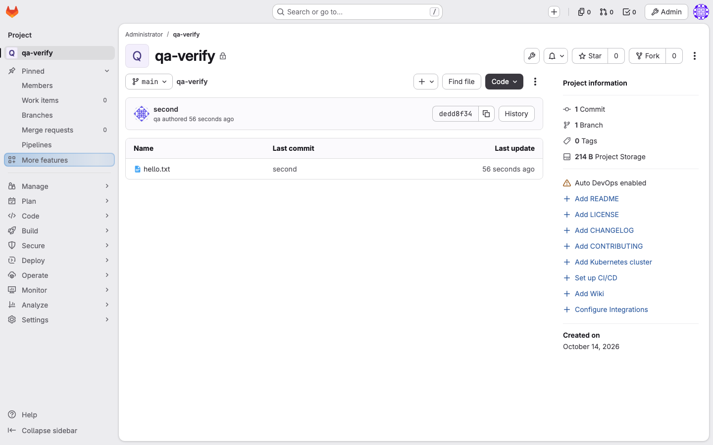 A GitLab project showing a file pushed to its repository