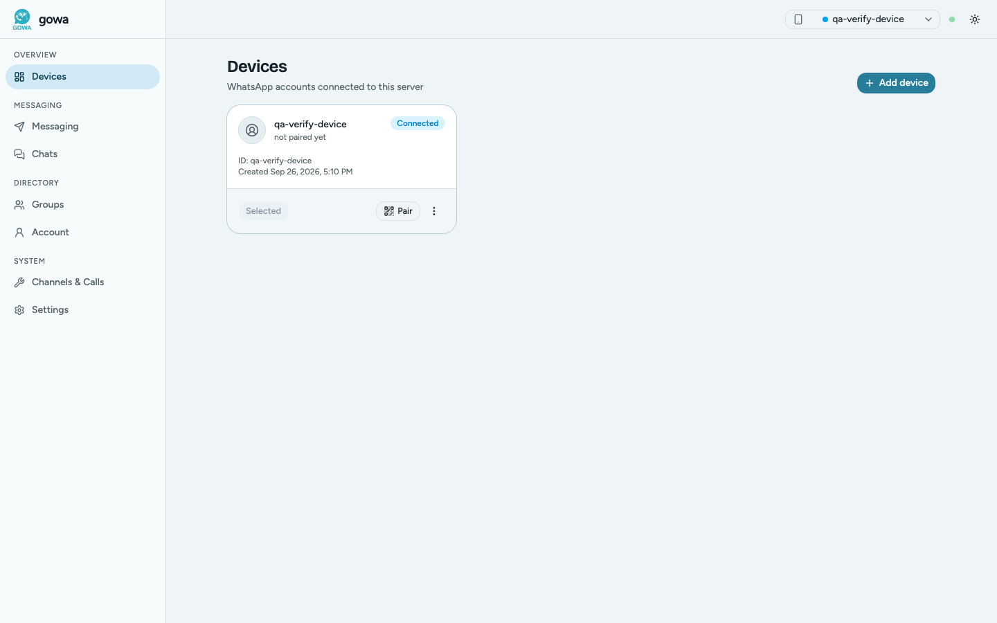 The GoWA web dashboard listing a connected device
