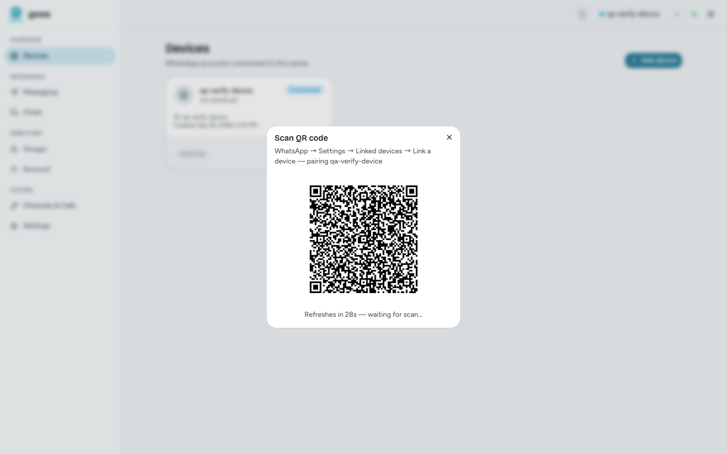GoWA's scan QR code dialog for pairing a WhatsApp account
